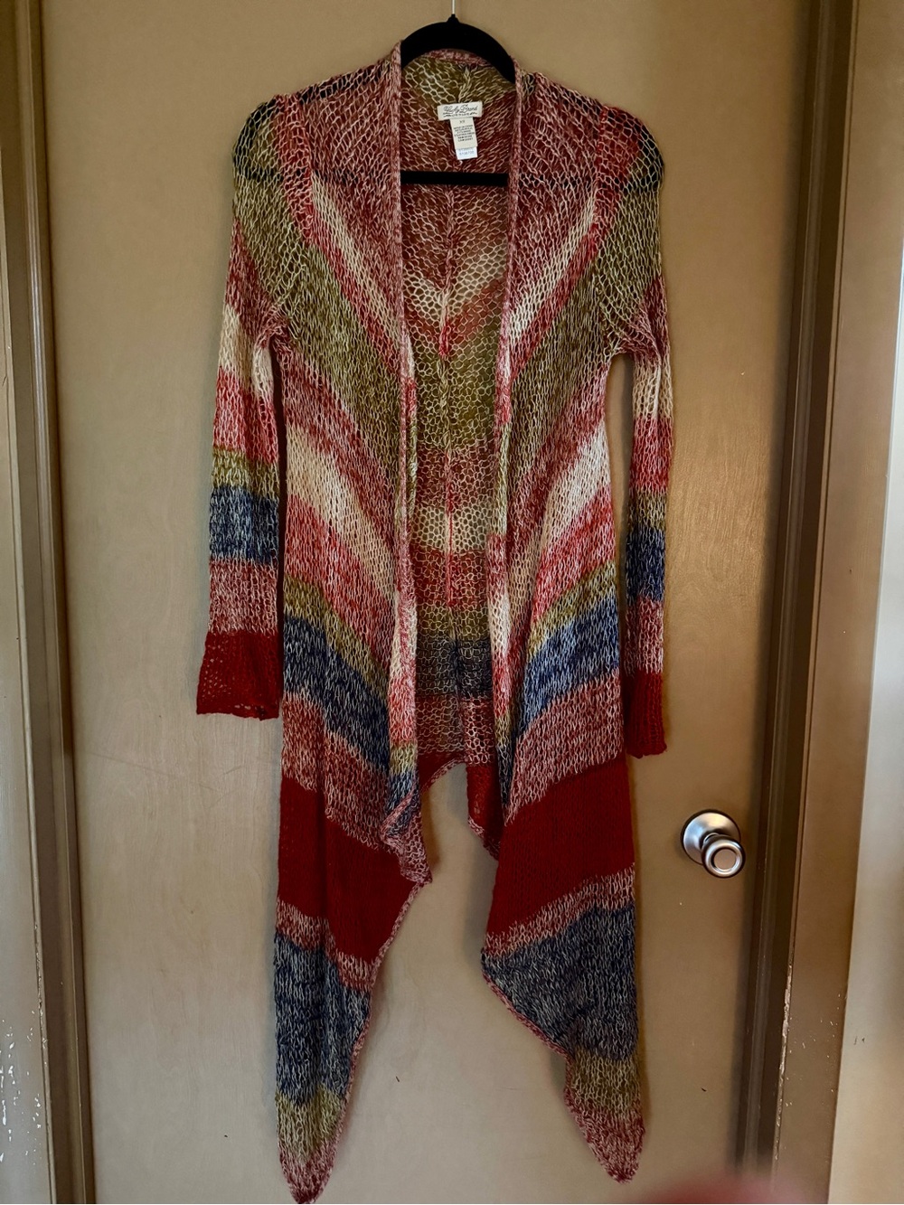 Lucky Brand Multicolor Open Knit Draped Cardigan with Red Accents